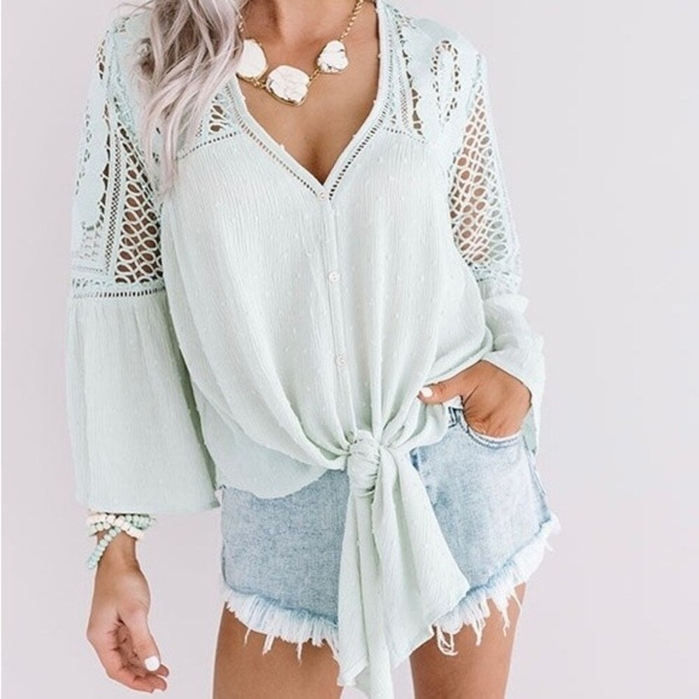 LoveStitch Uptown Dreams Women’s Boho Beachy Hippie Crinkle Mint Crochet Top M